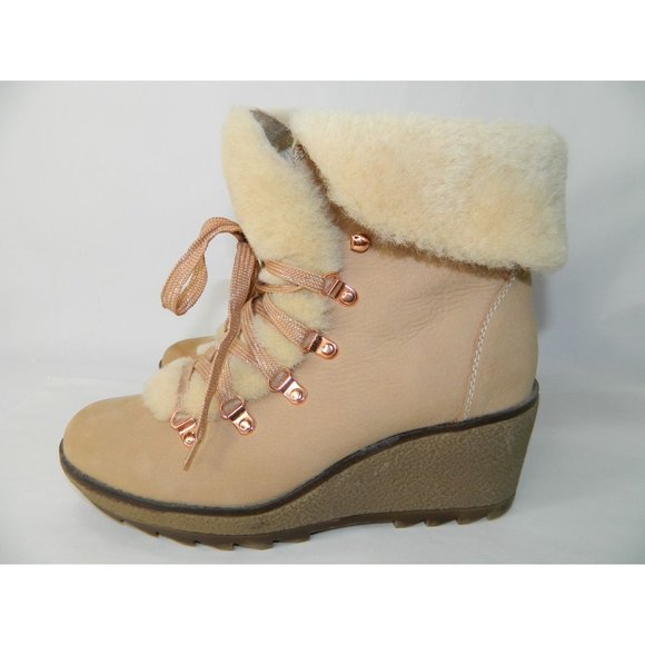 J. Crew 9M Shoes Nordic Wedge Boots Snow Bootie Leather Fur Nude Beige Rose Lace - Picture 7 of 16